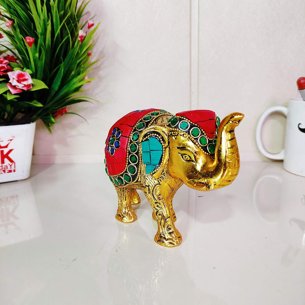 KridayKraft Metal Elephant Small Size with Stone Work for Showpiece Enhance Your Home, Office and Table - Multicolour