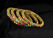 NMII Glass Golden Zircon Gemstone & Colorful Beads Studded Bangles Kada Set For Women & Girls | Traditional Stylish Kangan | Bangles For Women Glass | Wedding, Party, Occasion Wear Bangle- Set of 4