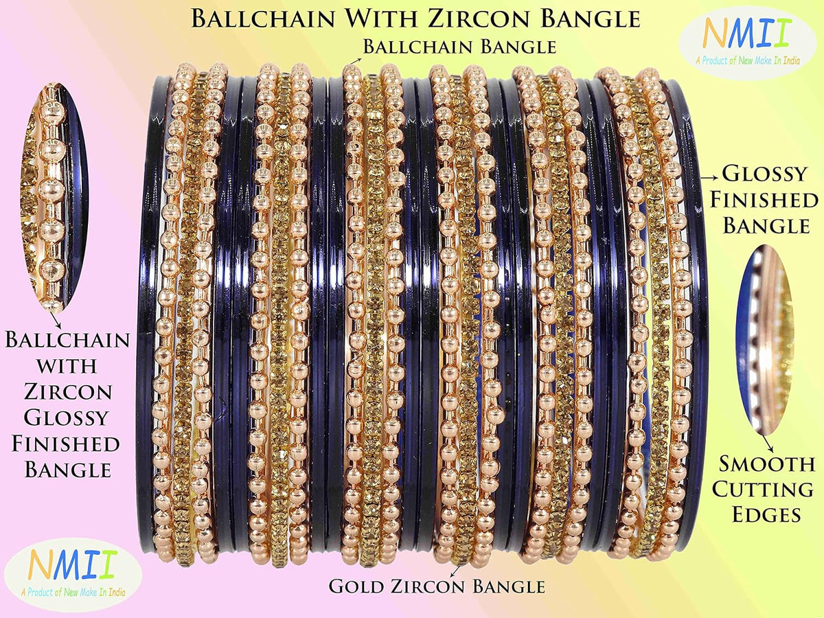 NMII Non-Precious Metal Base Metal With Zircon Gemstone and Linked With Ball Chain and Plane Bangles Set For Women and Girls