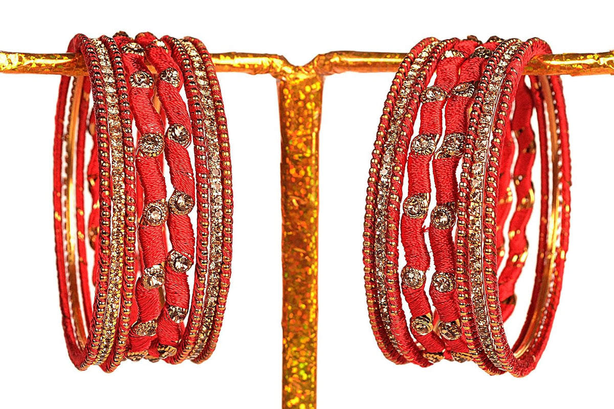 NMII Non-Precious Metal Base Metal with Zircon Gemstone Or Silk thread and Linked with Ball Chain Glossy Finished Bangle Set For Women and Girls