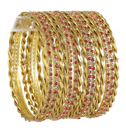 NMII Gold Plated Metal with Zircon Gemstone Studded Traditional Bangles Set For Women & Girls | Golden Bangles | Stylish Design | Designer Women's Bangles- Set of 16
