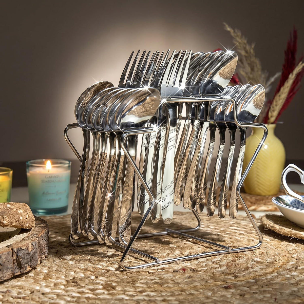 Parage Miracle Stainless Steel Cutlery Set of 25, Contains, Dinner Spoons Set of 6, Tea Spoon Set of 6, 6 Fork, 6 Soup Spoons, 1 Stylish Stand, Elegant Cutlery Set for Dining Table, Mirror Polished