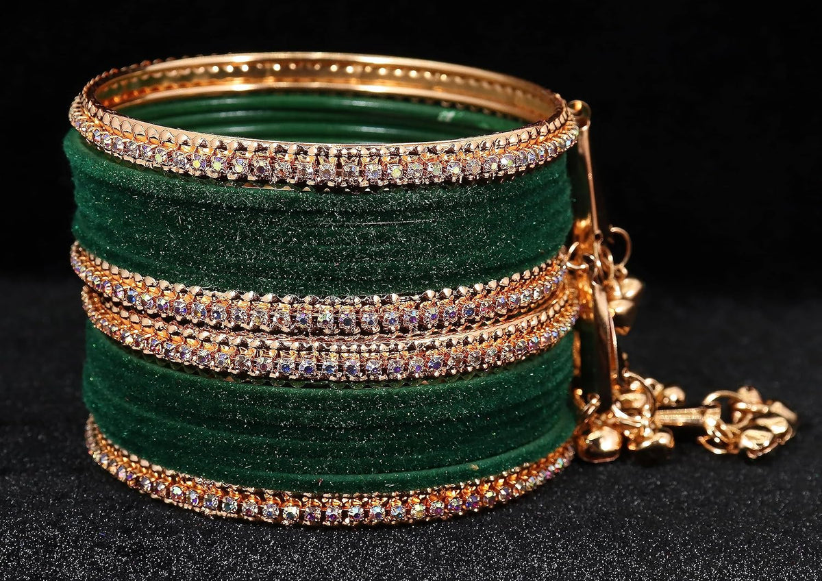 NMII Metal with Zircon Gemstone and Velvet Studded Bells Latkan Bangles Set For Girls and Women I Latkan Bangles, Premium Bangle Bracelet Set I Pack of 16 Bangles