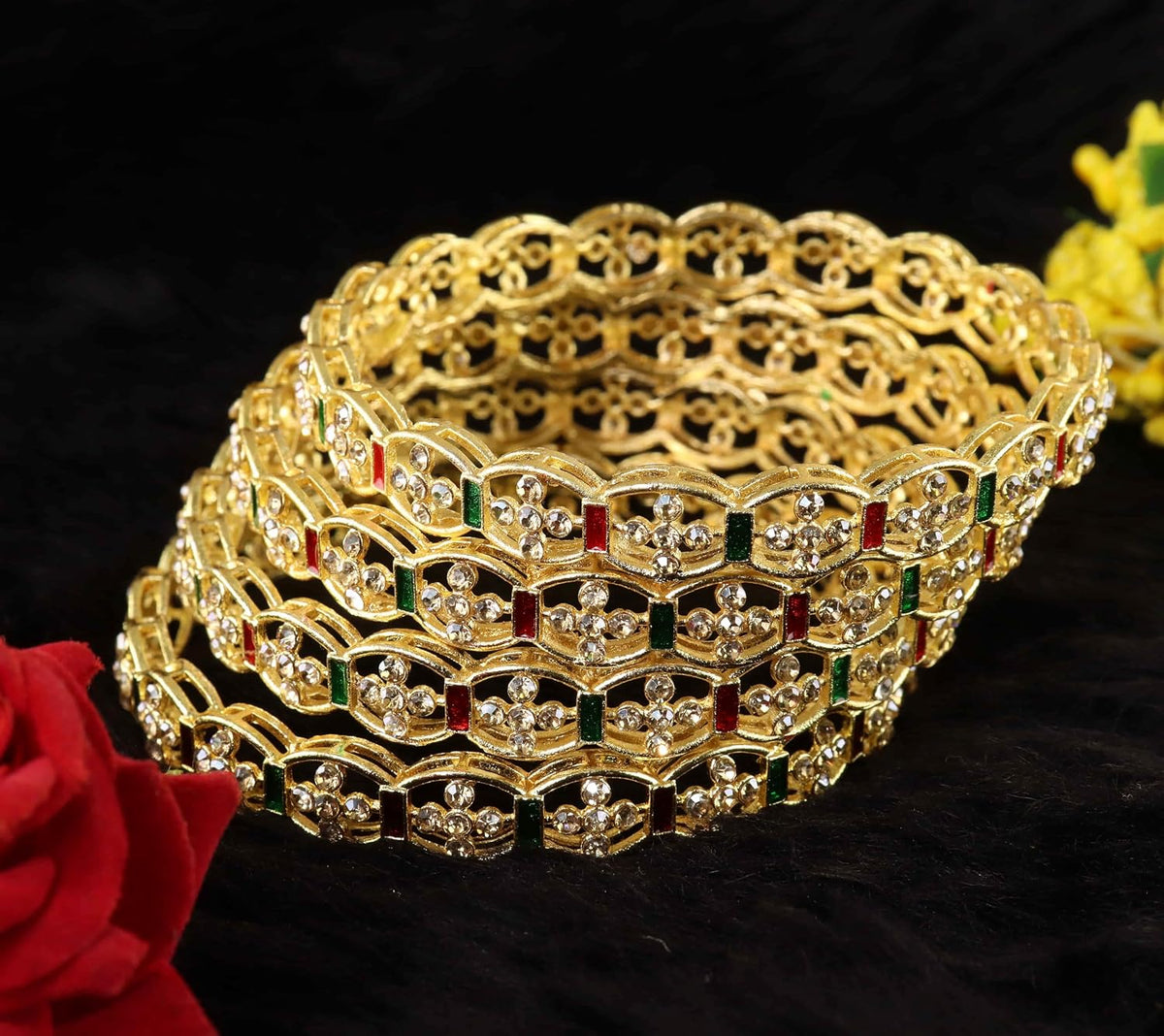 NMII Trendy Gold Plated Alloy Kada Set for Women & Girls with Zircon Stone Design | Bridal Wedding Kada | Anniversary Festival Party Gift | Stylish Designer Kangan | indo western jewelry - Set of 4