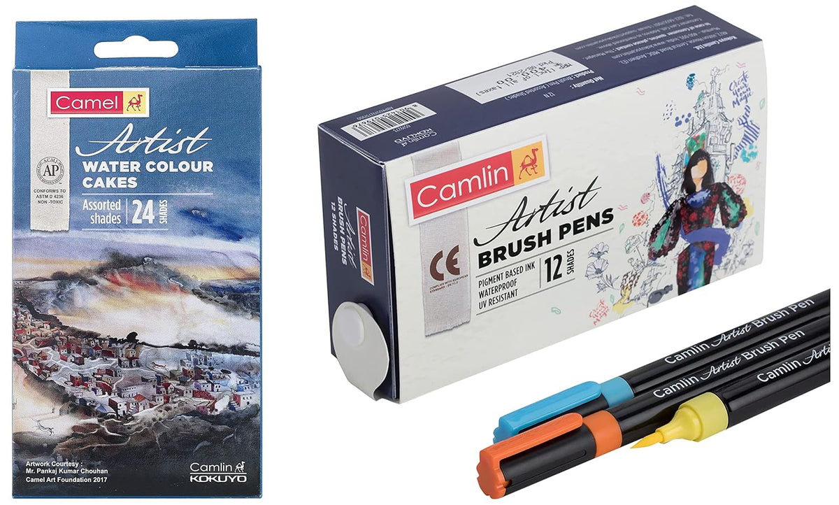 Camel Camlin Artist Brush Pen Set - Pack of 12 (White) Artist Water Colour Cake Set - Pack of 24 (Blue)