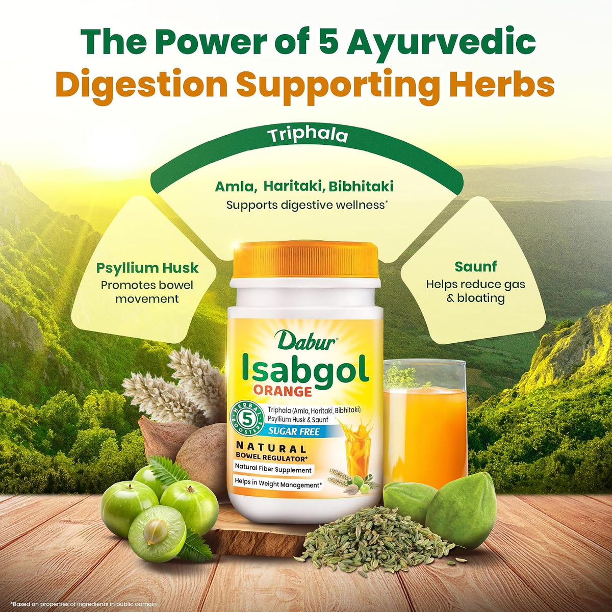 Dabur Orange Flavoured Isabgol with the Power of 5 Herbal Boosters — including Triphala, Saunf & Psyllium Husk — for Daily Bowel Regularity.
