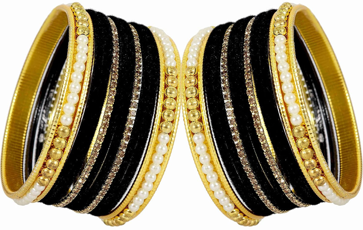 NMII Metal with Zircon Gemstone and Pearls Studded Velvet Bangle Set for Women and Girls