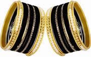 NMII Metal with Zircon Gemstone and Pearls Studded Velvet Bangle Set for Women and Girls