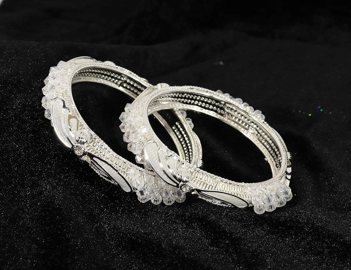 NMII Stylish White Pearls & Alloy Metal American Diamond Bangles Kada Set For Women and Girls | Fancy Women's Kada | Girls' Bangles Bracelet | Kada Set For Wedding, Party, Occasion Wear-Set of 2