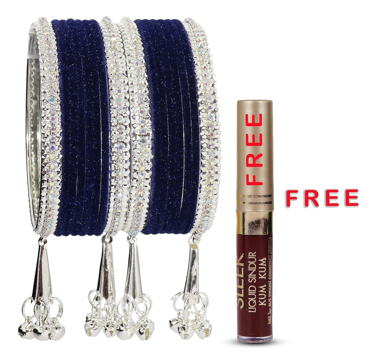 NMII Metal with Zircon Gemstone and Velvet Studded Bells Latkan Bangles Set For Girls and Women I Latkan Bangles, Premium Bangle Bracelet Set I Pack of 16 Bangles