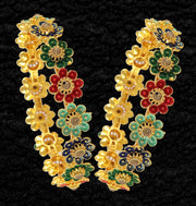 NMII Non-Precious Metal Base Metal with Zircon Gemstone Or Leaf Shaped Beads and Flower Shaped Glossy Finished Kada Set For Women and Girls