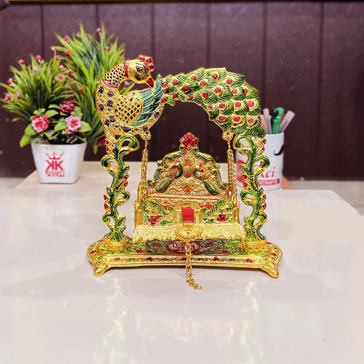 KridayKraft Metal Laddu Gopal Jhulla Palana for Janmastmi Festive Gold Plated with Meenakri Work for Your Home, Temple Office,Gift Article.