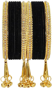 NMII Metal with Zircon Gemstone and Velvet Studded Bells Latkan Bangles Set For Girls and Women I Latkan Bangles, Premium Bangle Bracelet Set I Pack of 16 Bangles