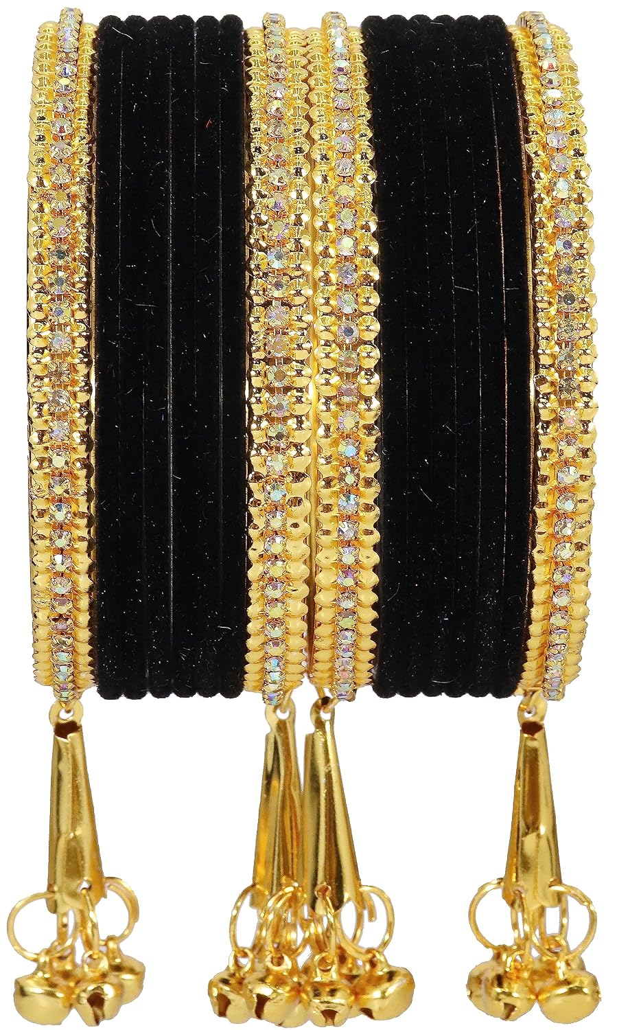 NMII Metal with Zircon Gemstone and Velvet Studded Bells Latkan Bangles Set For Girls and Women I Latkan Bangles, Premium Bangle Bracelet Set I Pack of 16 Bangles