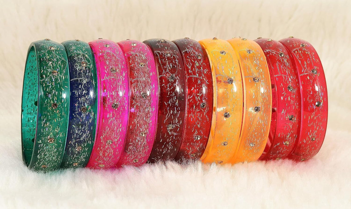 NMII Glass with Glitter and Feather Design Glossy Finished Multicolor Kada Set For Girls and Women- (Football-A21-MR2-2.6), Pack of 10 Multicolor Kada