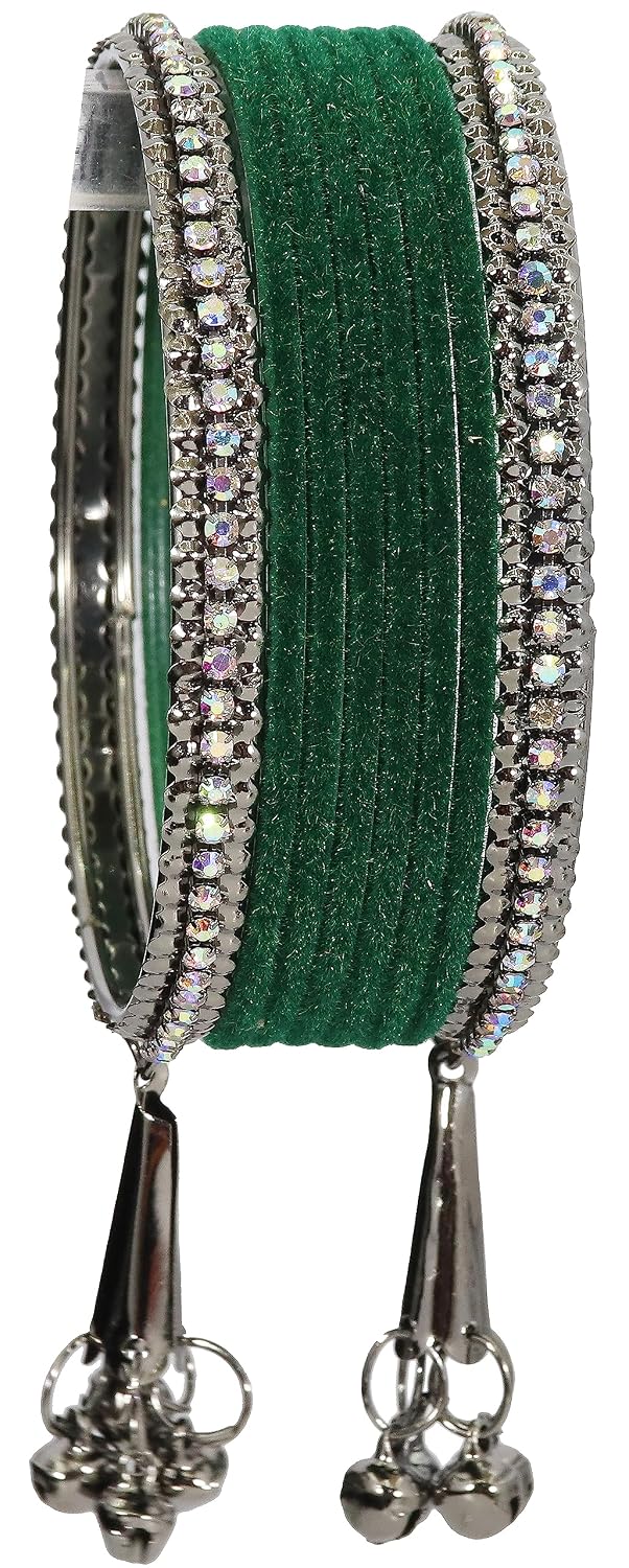 NMII Metal with Zircon Gemstone and Velvet Adorned Bells Latkan Bangles Set For Girls and Women