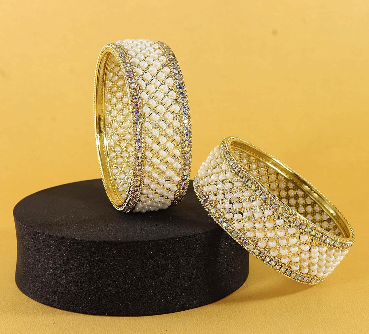 NMII Gold Plated Metal American Diamond & Kundan Bangles Set For Women & Girls | Kada Set For Women | Antique Bangles | Women's Bangles Set For Wedding, Party, Occasion Jewellery- Set of 2