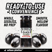Urban Platter Pitted Black Spanish Olives, 430g (Whole & Seedless | Rich Mediterranean Taste | Ideal for Pizzas, Salads, Pasta & Snacking)