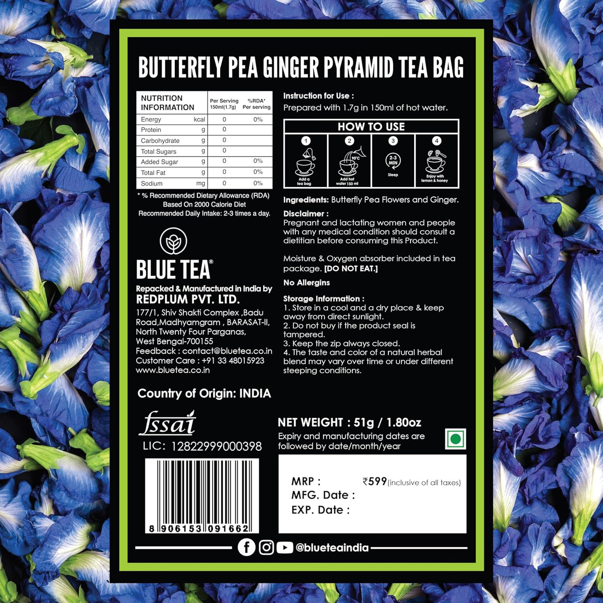 BLUE TEA - Butterfly Pea Flower Ginger Tea - 30 Tea Bags - Plant Based | Aparajita - Shankhpushpi | Flower Based - Herbal Tea - Caffeine Free - Detox Tea - Non Bitter | Premium Zipper Pack