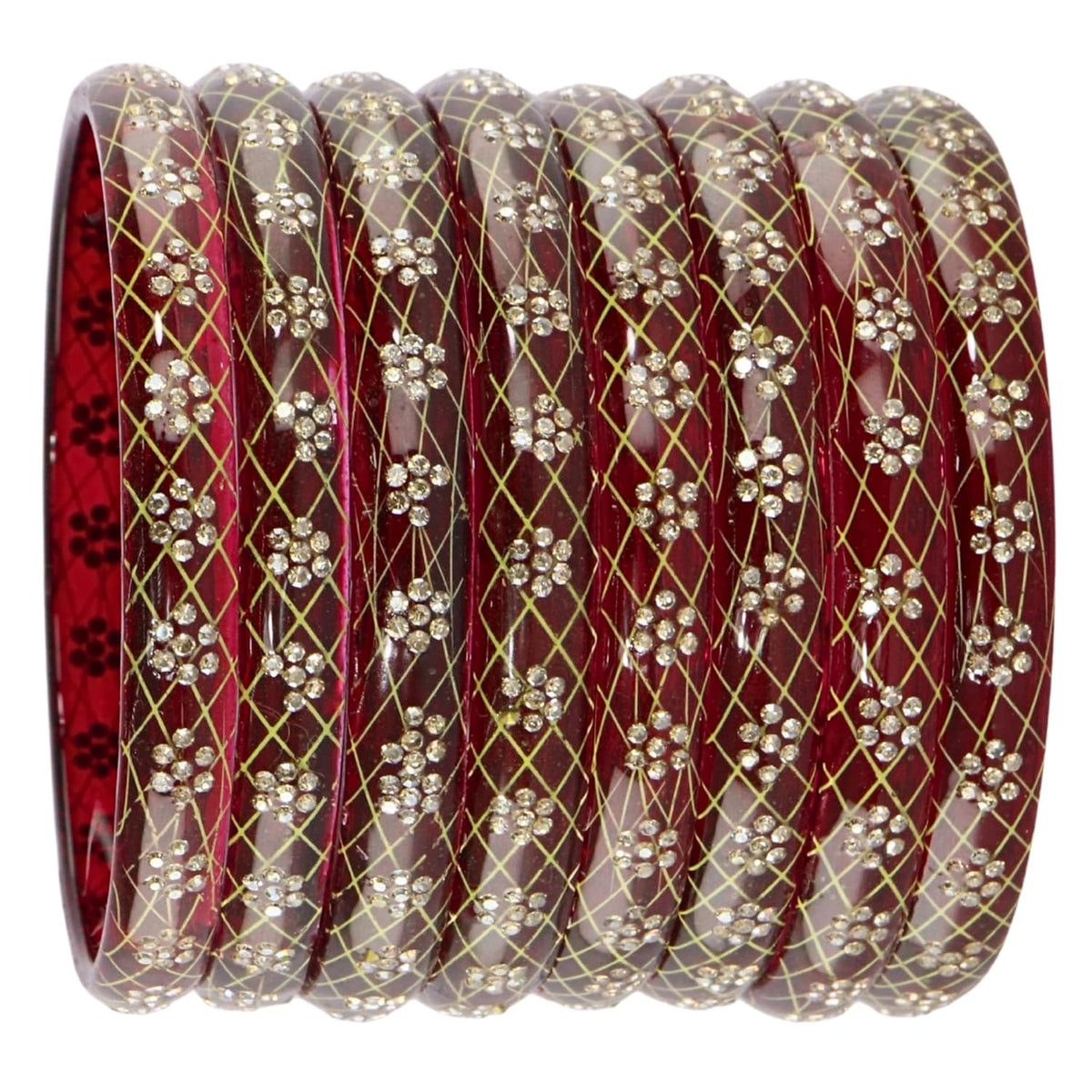 NMII Premium Crystal Glass Kada Set with Zircon Gemstone & Printed Design For Women & Girls | Transparent Glass Bangles | Latest Girl's Bangles | Bangles - Set of 8 (GK63_DottedFloralKada-Maroon-2.8)