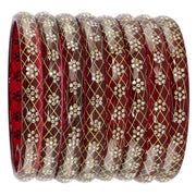 NMII Premium Crystal Glass Kada Set with Zircon Gemstone & Printed Design For Women & Girls | Transparent Glass Bangles | Latest Girl's Bangles | Bangles - Set of 8 (GK63_DottedFloralKada-Maroon-2.8)