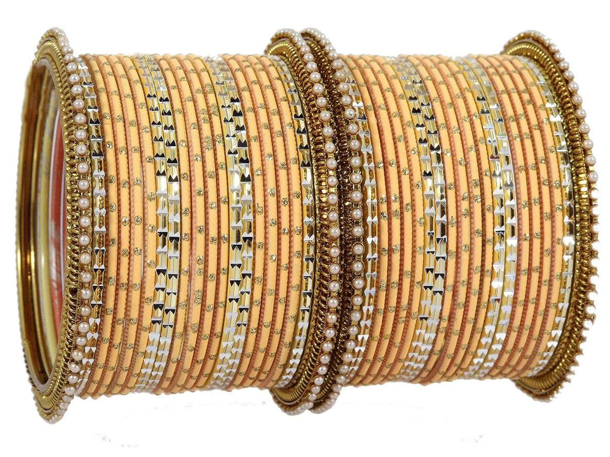 NMII Non-Precious Metal with Base Metal Zari Dotted and Pearls Studded Glossy Finished Traditional Bangle set for Women and Girls