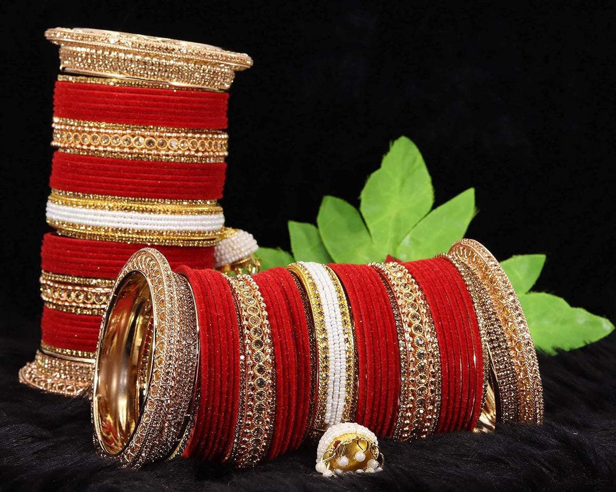 NMII Non-Precious Metal with Base Metal and Zircon Gemstone with Pearls Studded Glossy Finished Kaleere Type Latkan Velvet Bangle Chuda set for Women and Girls (WITH_1 ROD BANGLE BOX)