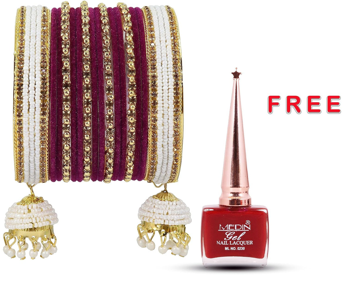 NMII Alloy Metal with Zircon Gemstone, Pearls and Velvet Latkan Golden Bangles Set For Girls and Women