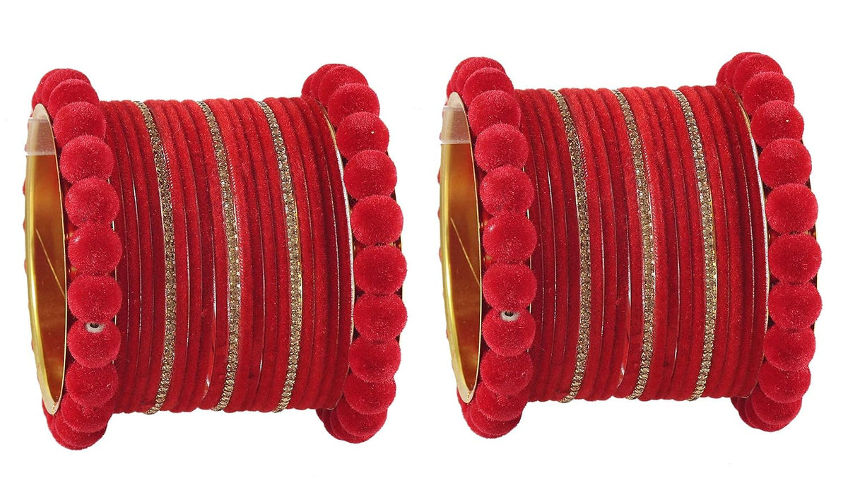 NMII Fancy Metal with Velvet Balls & Golden Zircon Stone Bangles Set For Women and Girls | Designer Bangles For Girls | Chuda Set For Bridal | Women's Bangles | Fashion Jewellery- Set of 42