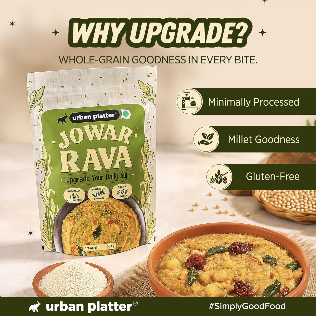 Urban Platter Jowar Rava, 500g (Naturally Gluten-free | Source of Protein & Fibre | A Smart Swap for Regular Sooji | Perfect for Upma, Khichdi, Porridge, Halwa & More)