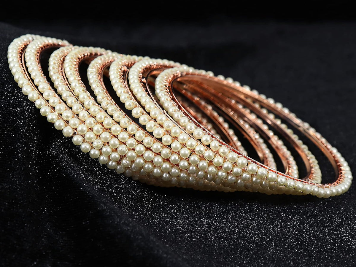 NMII Alloy Metal with Pearls Studded Traditional Bangles Set For Women and Girls