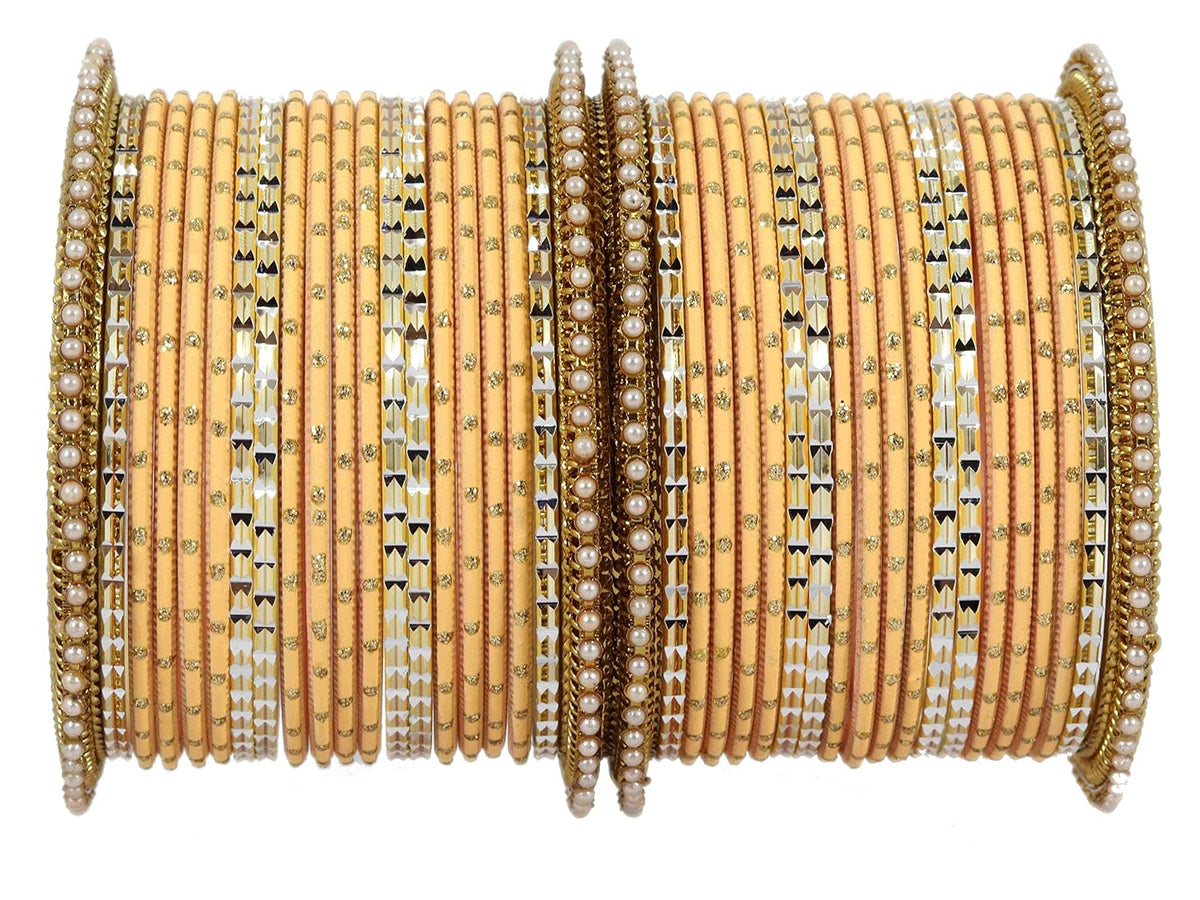 NMII Non-Precious Metal with Base Metal Zari Dotted and Pearls Studded Glossy Finished Traditional Bangle set for Women and Girls