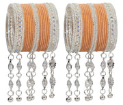 NMII Metal With Zircon Gemstone and Bells Latkan Linked Velvet Bangles For Women and Girls
