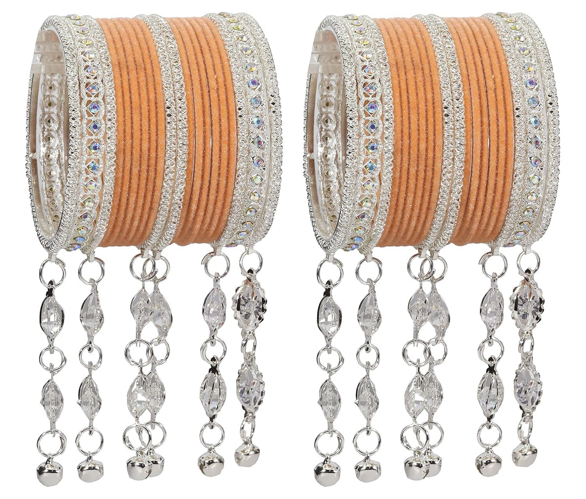 NMII Metal With Zircon Gemstone and Bells Latkan Linked Velvet Bangles For Women and Girls