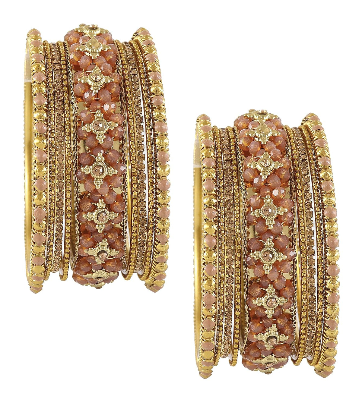 NMII Non-Precious Metal Base Metal with Zircon Gemstone Or Pearl and Flower Pattern with Ball Chain Linked Glossy Finished Bangle Set