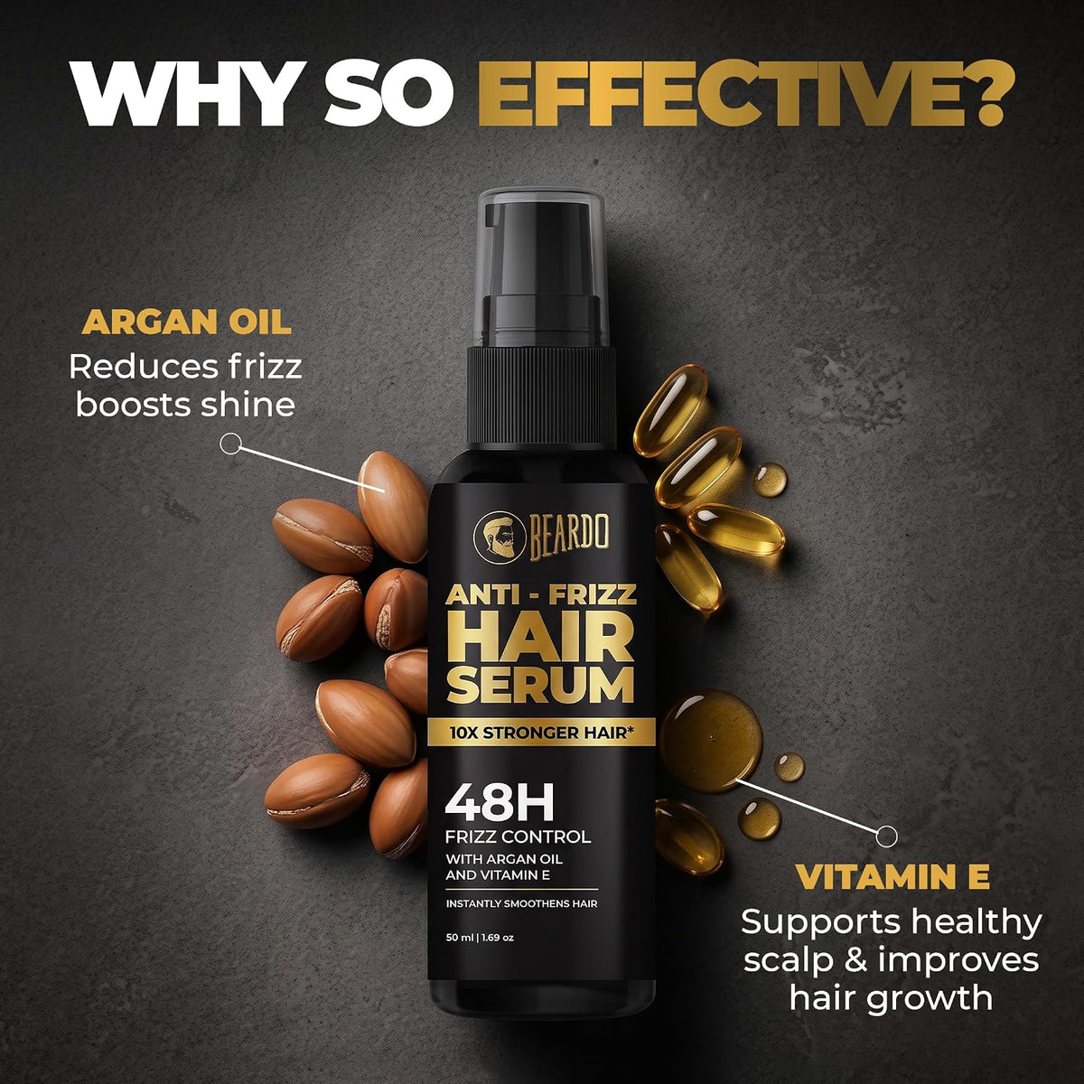 Beardo Anti-Frizz Hair Serum with Argan oil & Vitamin E| 48H Frizz Control & Smooth Hair | Hair Styling Serum for Men| Tames Frizz & Rough Hair | Daily Use Serum For All Hair Types | 50ml