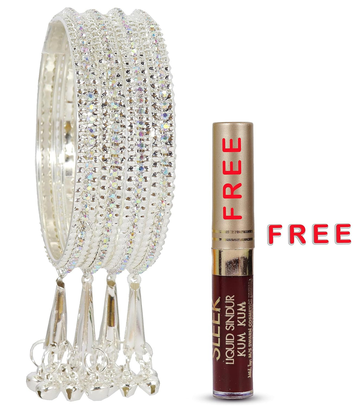 NMII Alloy Metal With Zircon Gemstone and Bells Latkan Linked Traditional Bangles Set For Girls and Women
