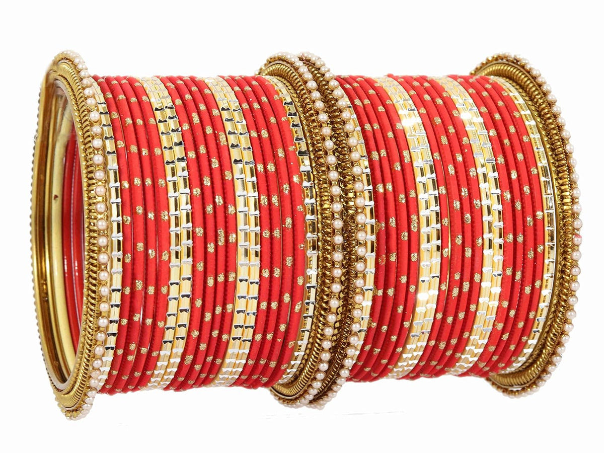 NMII Non-Precious Metal with Base Metal Zari Dotted and Pearls Studded Glossy Finished Traditional Bangle set for Women and Girls