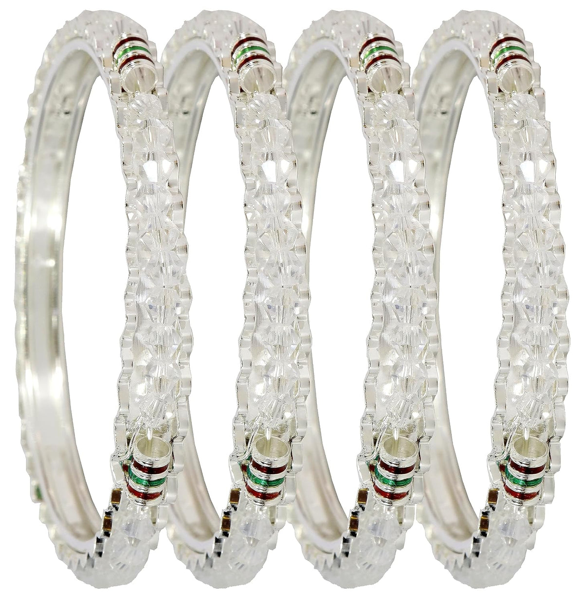 NMII Alloy Metal Silver Bangles Set For Girls and Women Studded Pearls & Beads| Fancy Stylish Bangles | Metal bangles | Women's Bangle | (Pack of 4)