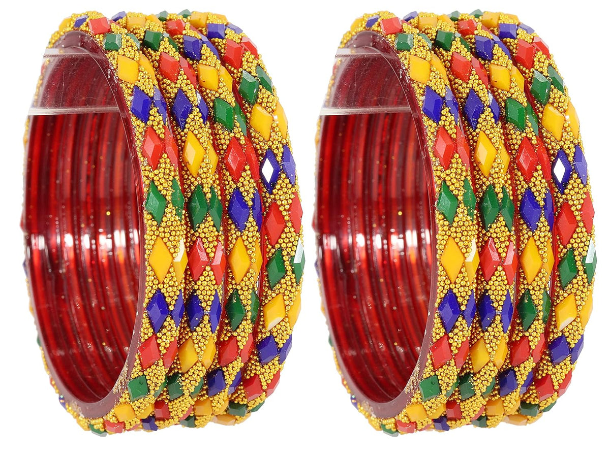NMII Glass with Leaf Cut Beads and Balls Studded Glossy Finished Kada Set For Women and Girls