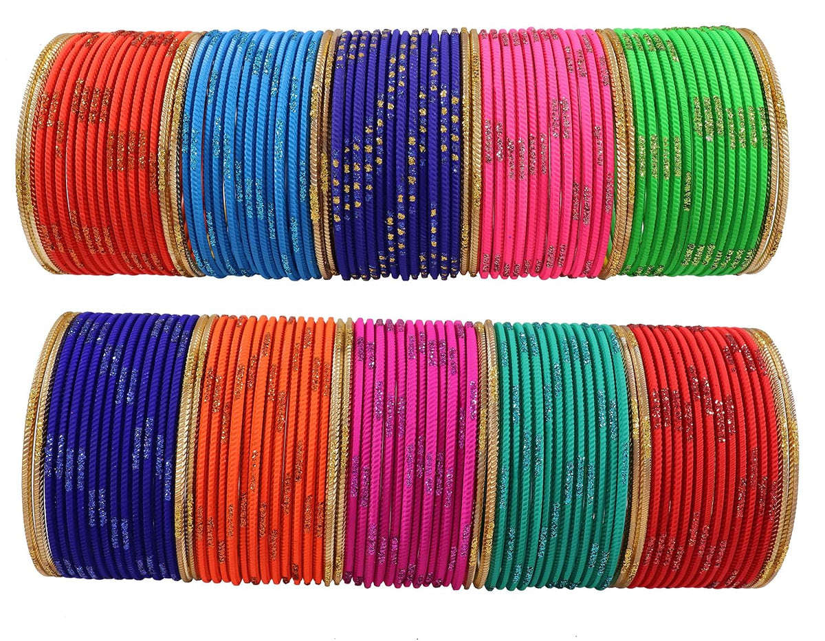 NMII Multi Colour Metal Bangles Combo Set for Women & Girls | Golden Polka Dots & Cutting Design | Plain Chudi Set | Daily Use Bangles