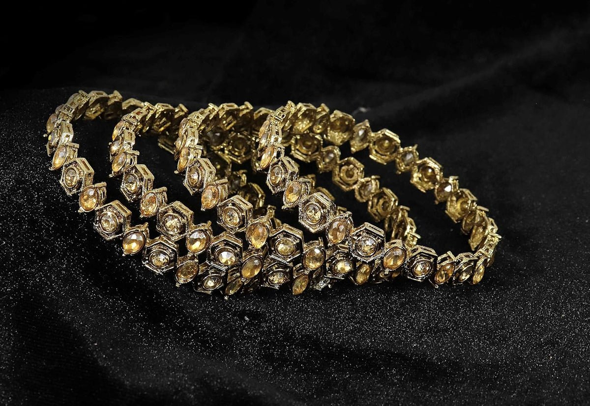 NMII Stylish American Diamond Stone Work Metal Bangles For Women & Girls | Gold Plated Bangles | Kada Set For Women | Wedding Bangles Set For Women | Latest Bangles Fashion Jewellery- Set of 4