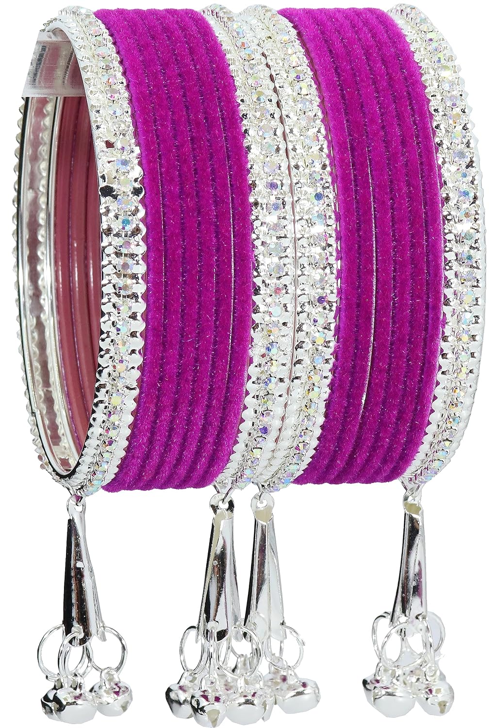 NMII Metal with Zircon Gemstone and Velvet Studded Bells Latkan Bangles Set For Girls and Women I Latkan Bangles, Premium Bangle Bracelet Set I Pack of 16 Bangles