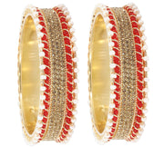 NMII Non-Precious Metal Base Metal Studded with Zircon Gemstone and linked with Pearl Chain Glossy Finished Kada/Bangle set for Women and Girls