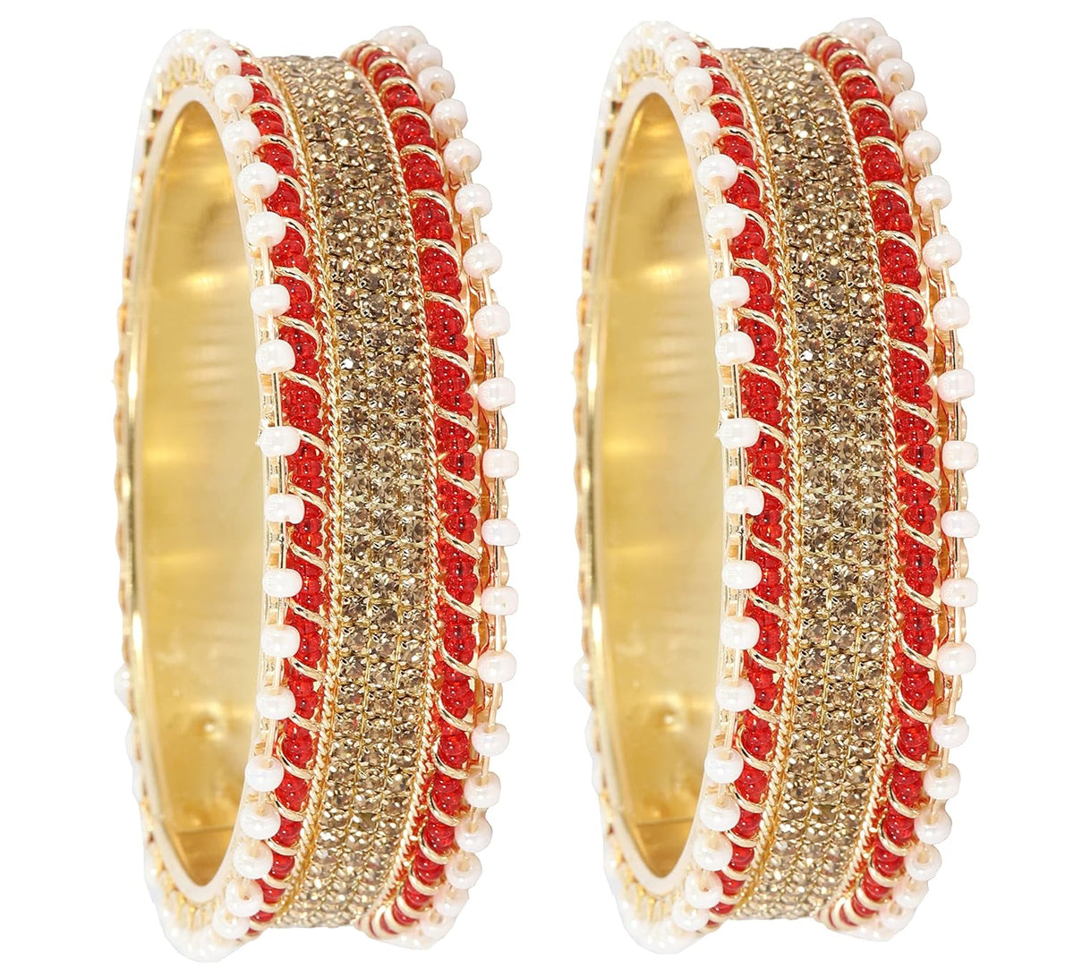 NMII Non-Precious Metal Base Metal Studded with Zircon Gemstone and linked with Pearl Chain Glossy Finished Kada/Bangle set for Women and Girls