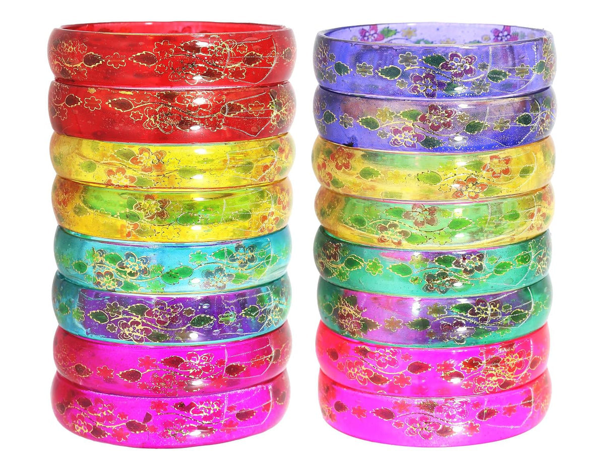 NMII Multi Colour Glass with Flower Print Kada Bangles Combo Set For Women and Girls | Fancy Glass Bangles Bracelet | Stylish Women's Kangan | Plain Simple Kada- Set of 16