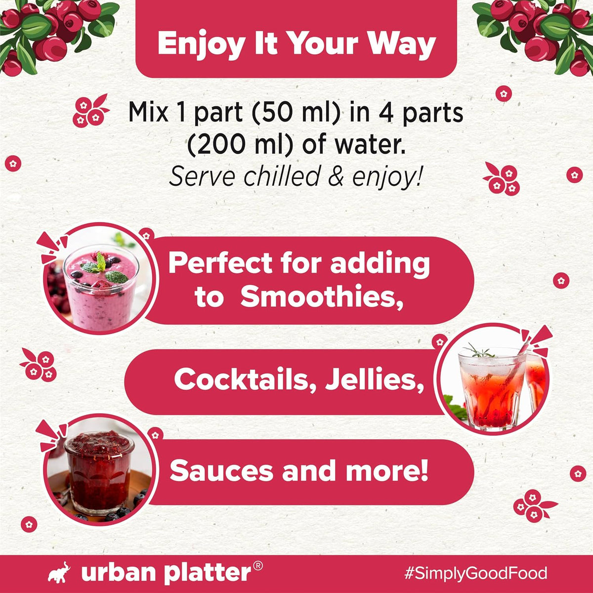 Urban Platter 100% Canadian Cranberry Juice, 350ml (Glass Bottle, No Added Sugar & Preservative-Free, Antioxidant-Rich, Supports UTI Health, Ideal for Cocktails & Mocktails)