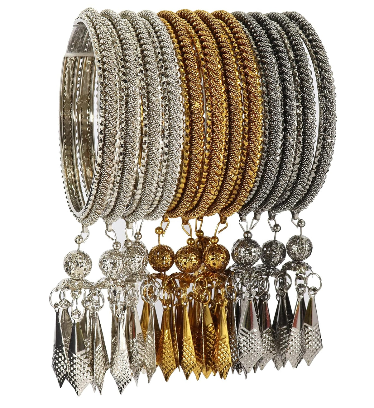 NMII Non-Precious Metal With Base Metal Springs Built Design and Latkan Linked Kaleere Type Kada Set For Women and Girls