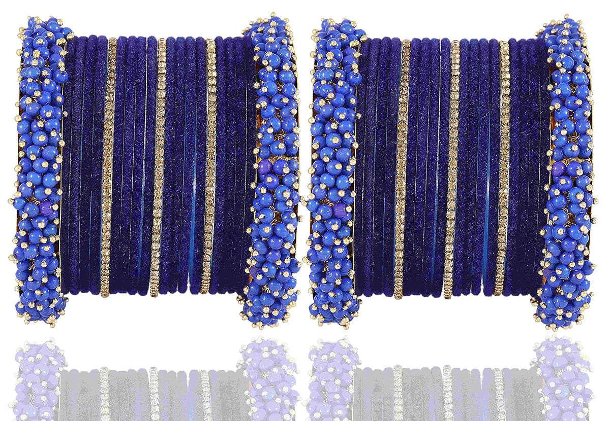 NMII Stylish Metal with Golden Zircon Stone & Pearls Studded Velvet Gajra Bangles Set For Women and Girls | Designer Women's Bangles | Chuda Set | Gajra Bangles | Fashion Jewellery