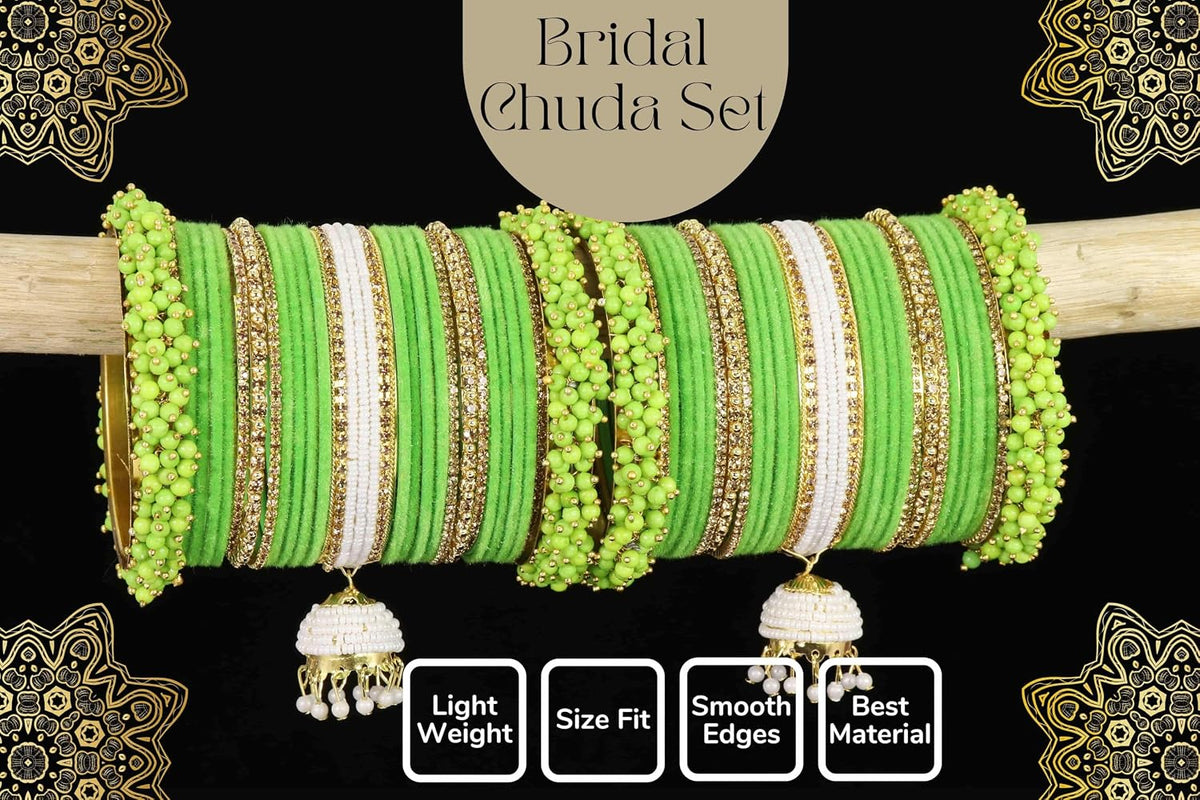 NMII Traditional Metal Velvet Bangles With Pearls & Zircon Stone Latkan Chuda Set for Bridal Women & Girls | Premium Set With Latkan for Wedding, Party, Festive, Occasion Wear - Set of 54